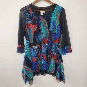 Channa Womens Colorful Abstract Mesh Tunic Top Size L Zip Pocket Art To Wear